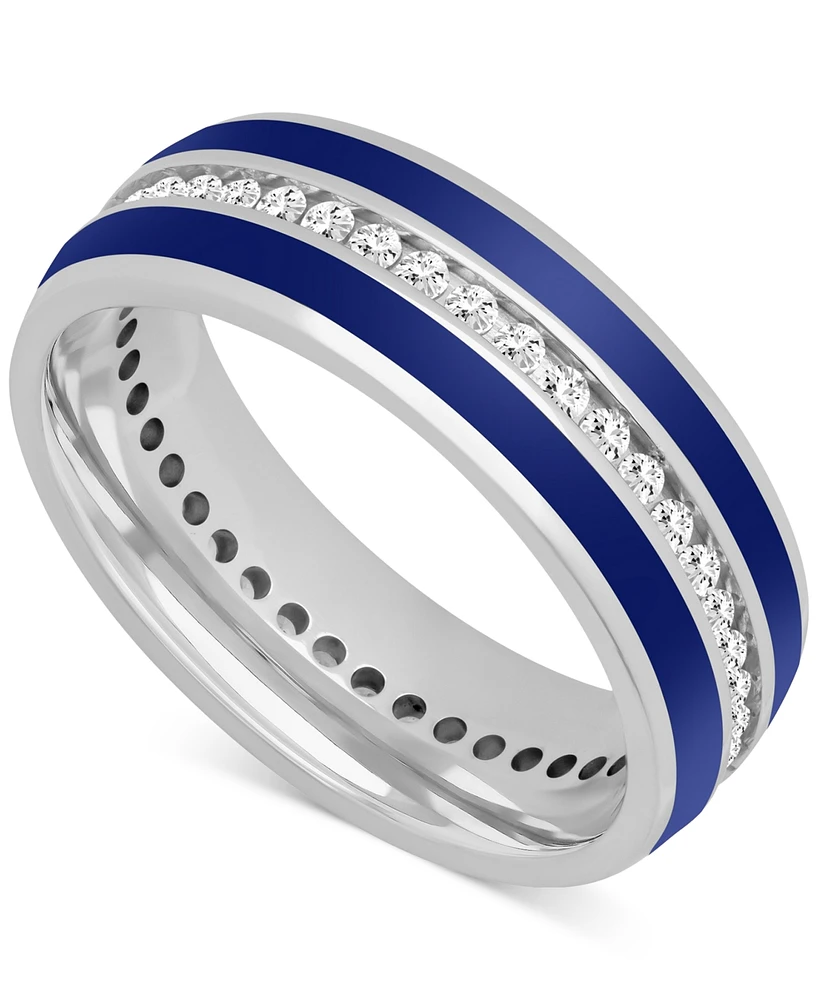 Men's Black Sapphire (1-1/3 ct. t.w.) & Ceramic Stripe Band Sterling Silver (Also Lab-Created White Sapphire)