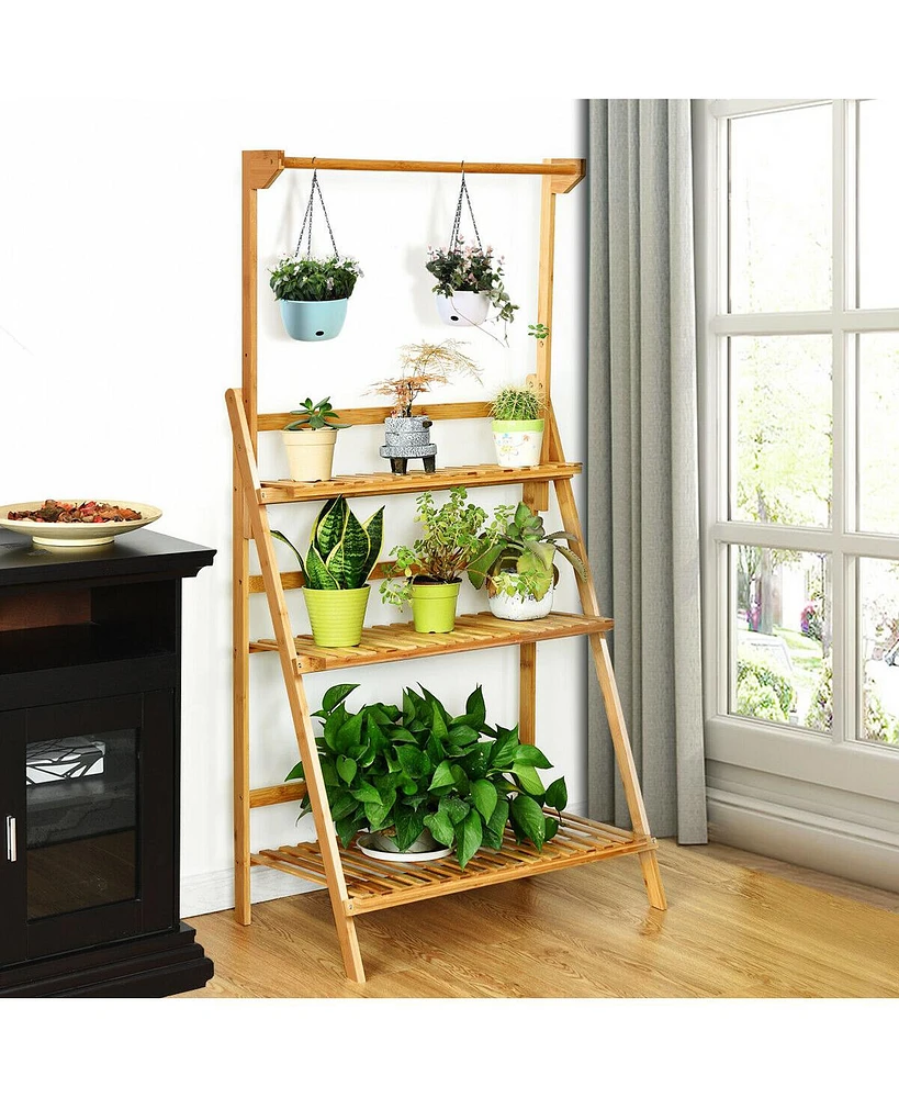3 Tier Bamboo Hanging Folding Plant Shelf Stand Flower Pot Display Rack Bookcase