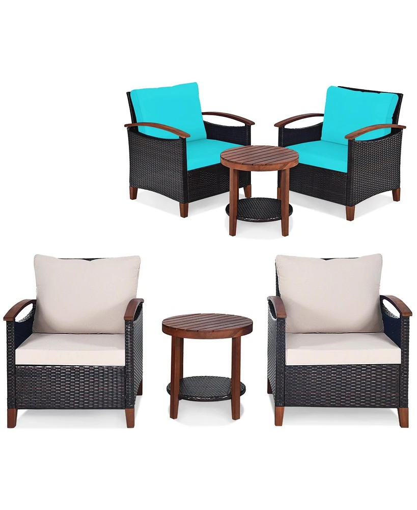 3PCS Patio Wicker Sofa Set Acacia Wood Frame
