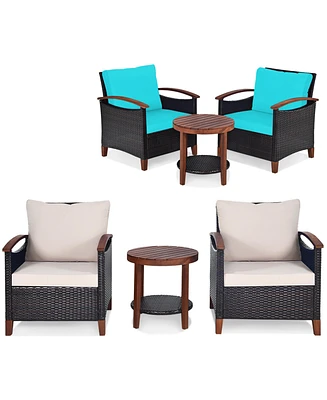 3PCS Patio Wicker Sofa Set Acacia Wood Frame