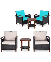 3PCS Patio Wicker Sofa Set Acacia Wood Frame