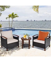 3PCS Patio Wicker Sofa Set Acacia Wood Frame