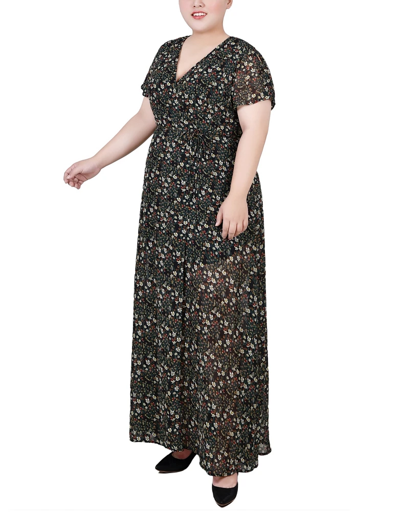 Ny Collection Plus Size Short Sleeve Tie Closure Wrap Chiffon Maxi Dress