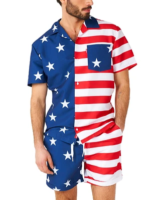 OppoSuits Men's Hawaiian 2 Piece Set - Usa Flag Beach Swim Wear - Slim Fit - Includes Short Sleeve Button Up Shirt and Shorts