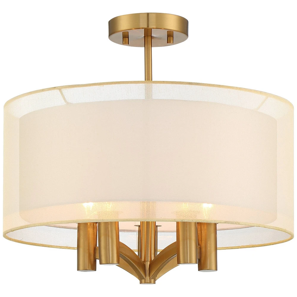 Possini Euro Design Caliari Modern Close To Ceiling Light Semi Flush Mount Fixture 18" Wide 5-Light Warm Brass Gold Double Drum Shades for Bedroom Hal