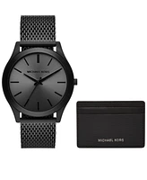Michael Kors Men's Runway Three-Hand Black Stainless Steel Mesh Watch 44mm and Wallet Gift Set