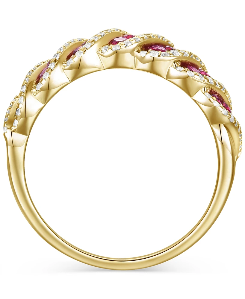 Lab-Grown Ruby (1 ct. t.w.) & White Sapphire (3/8 Diagonal Row Statement Ring 14k Gold-Plated Sterling Silver (Also Lab-Grow