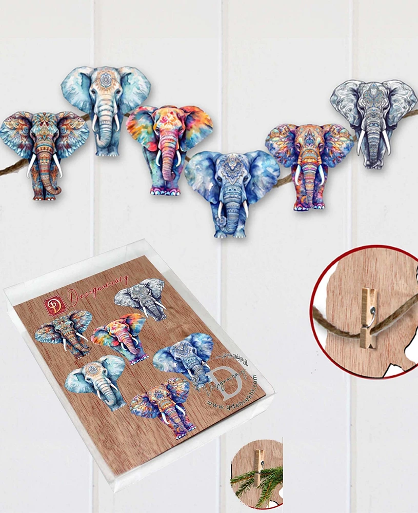Designocracy Holiday Wooden Clip-On Ornaments Elephants Set of 6 G. DeBrekht