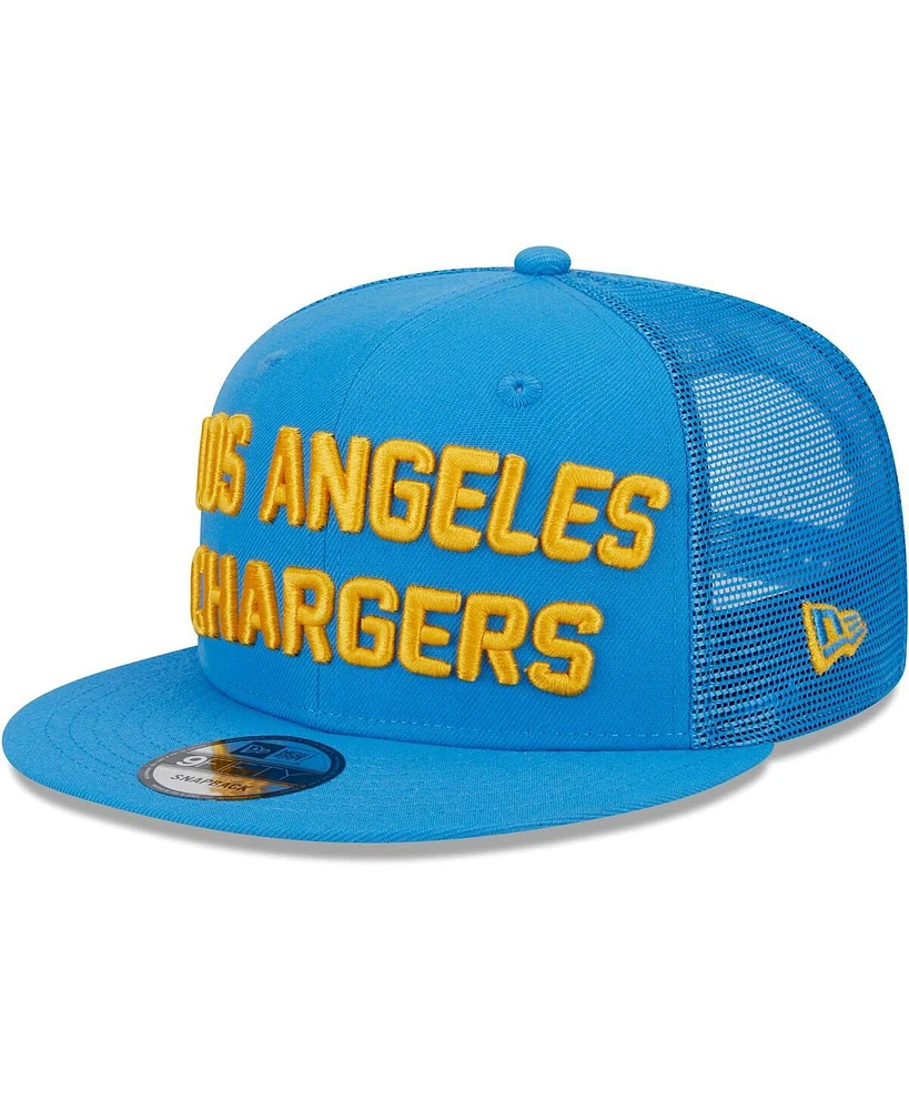 Men's New Era Powder Blue Los Angeles Chargers Stacked Trucker 9FIFTY Snapback Hat