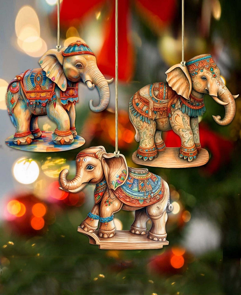 Designocracy Carousel Elephants Christmas Wooden Ornaments Set of 3 G. DeBrekht