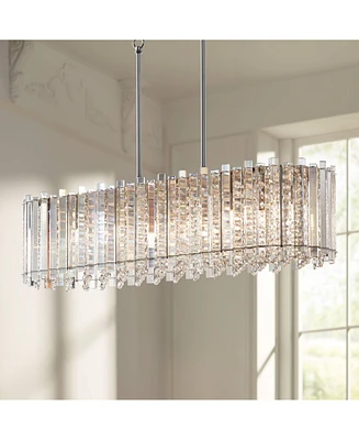 Possini Euro Design Mirabell Chrome Silver Large Linear Island Pendant Chandelier 34" Wide Modern Led Clear Glass Crystal Prism 6-Light Fixture for Ki