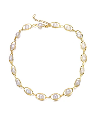 Sterling Silver 14K Gold Plated Genuine Freshwater Pearl and Cubic Zirconia Link Adjustable Necklace