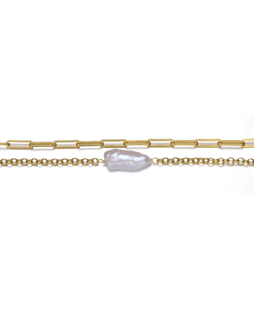 Genevive 14k Yellow Gold Plated with Free-Form Genuine Freshwater Pearl Cable Rolo Chain Double Layer Bracelet in Sterling Silver