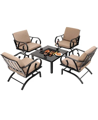 5pcs Patio Rocking Chairs 4-in-1 Fire Pit Table Heavy-Duty Conversation Outdoor