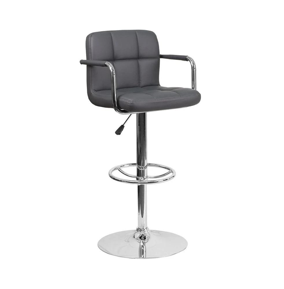 Contemporary Quilted Vinyl Adjustable Height Barstool With Arms