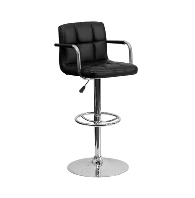 Contemporary Quilted Vinyl Adjustable Height Barstool With Arms