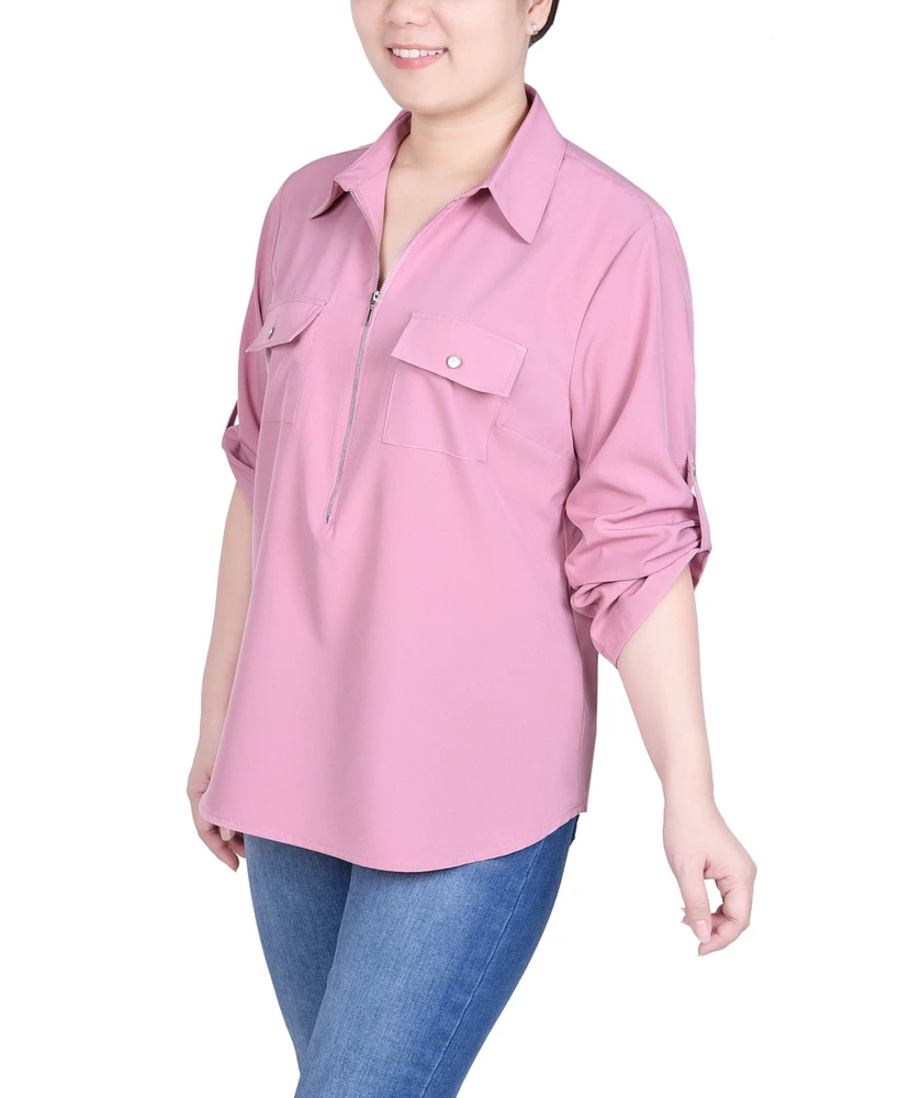 Ny Collection Petite 3/4 Roll Tab Sleeve Zip Front Blouse
