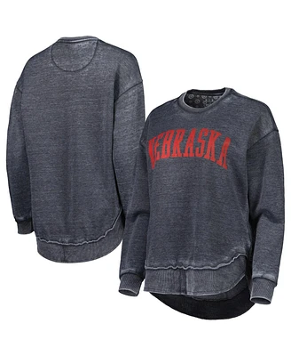 Women's Pressbox Black Distressed Nebraska Huskers Vintage-Like Wash Pullover Sweatshirt