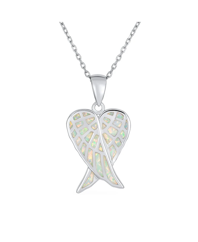 Bling Jewelry Love Created White Synthetic Opal Inlay Spiritual Guardian Angel Wings Feather Necklace Pendant Sterling Silver