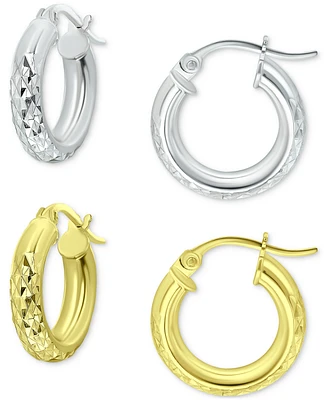 2-Pc. Set Textured Small Huggie Hoop Earrings in Sterling Silver & 18k Gold-Plate, 15mm