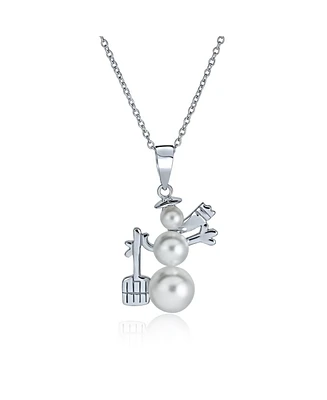 Bling Jewelry Elegant Winter White Simulated Pearl Holiday Christmas Snowman Pendant Necklace For Sterling