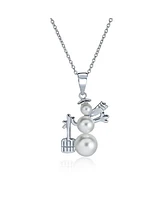 Bling Jewelry Elegant Winter White Simulated Pearl Holiday Christmas Snowman Pendant Necklace For Sterling