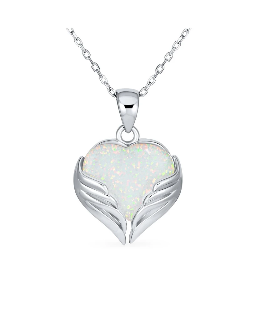 Bling Jewelry Love Created Framed White Synthetic Opal Heart Shaped Angel Wing Necklace Pendant Sterling Silver