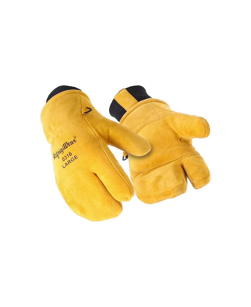 RefrigiWear Men's Heavy-Duty 3-Finger Mitt with Double Cuff - Insulated Leather Gloves for Extreme Cold Protection