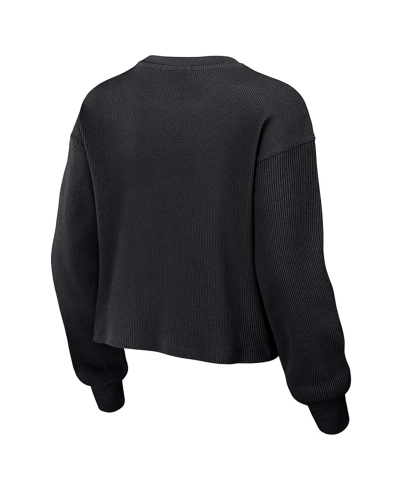 Women's Wear by Erin Andrews Black Distressed Carolina Panthers Waffle Knit Long Sleeve T-shirt and Shorts Lounge Set
