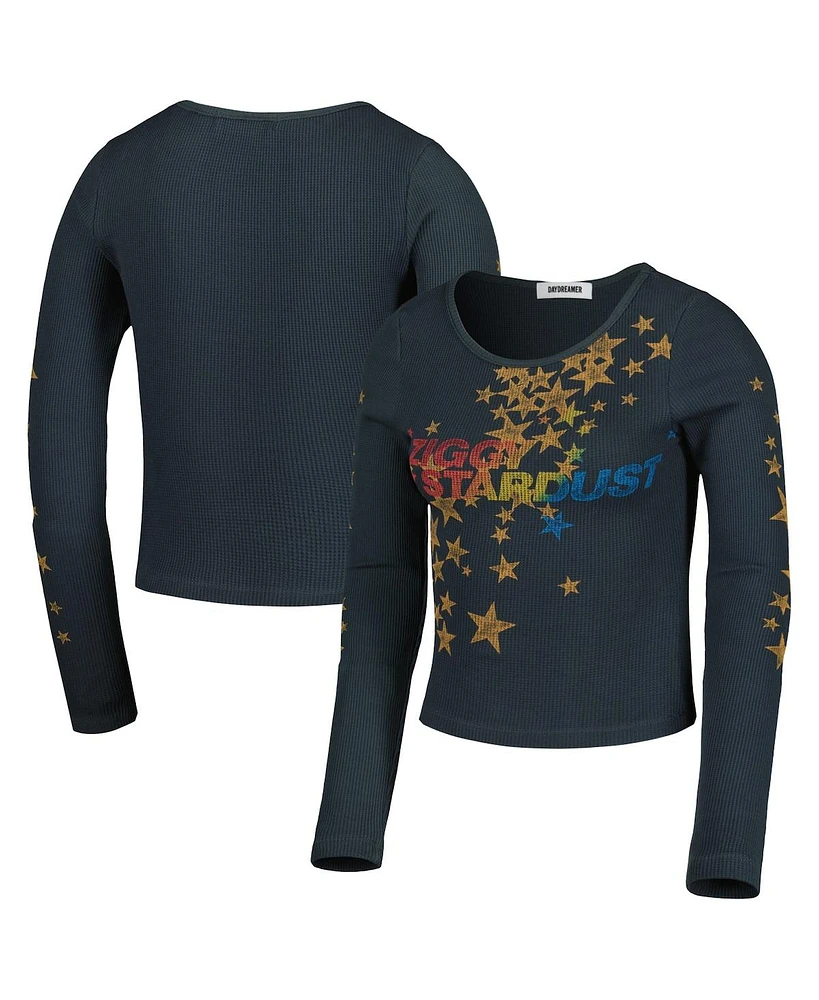 Women's Charcoal Distressed David Bowie Ziggy Stardust Thermal Cropped Pullover Sweatshirt