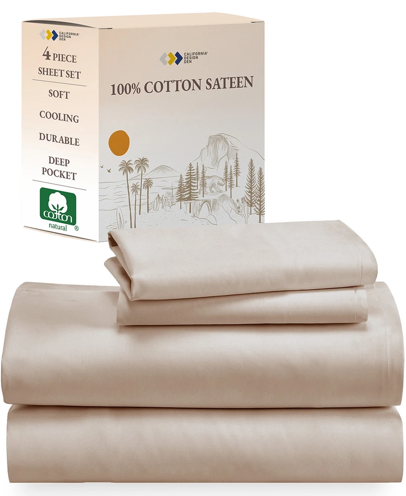 Soft 100% Cotton Sheets Set - Cooling Durable Sateen, Deep Pocket Queen