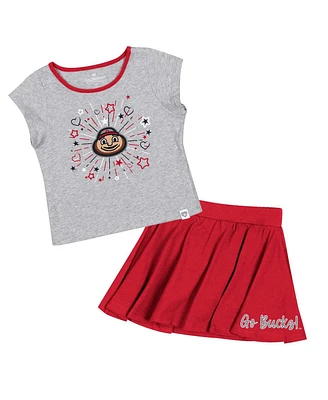 Girls Toddler Colosseum Heather Gray, Scarlet Ohio State Buckeyes Two-Piece Minds For Molding T-shirt and Skirt Set