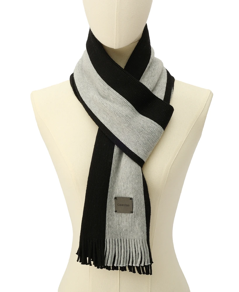 Calvin Klein Men's Thick Wool Blend Side Stripe Logo Scarf