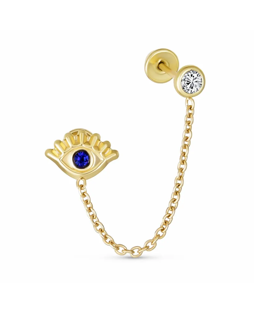 Bling Jewelry Tiny Yellow 10K Gold Spiritual Blue Cz Protection Amulet Double Piercing 1 Piece Chain Evil Eye Stud Earring Ear Lobe Cartilage