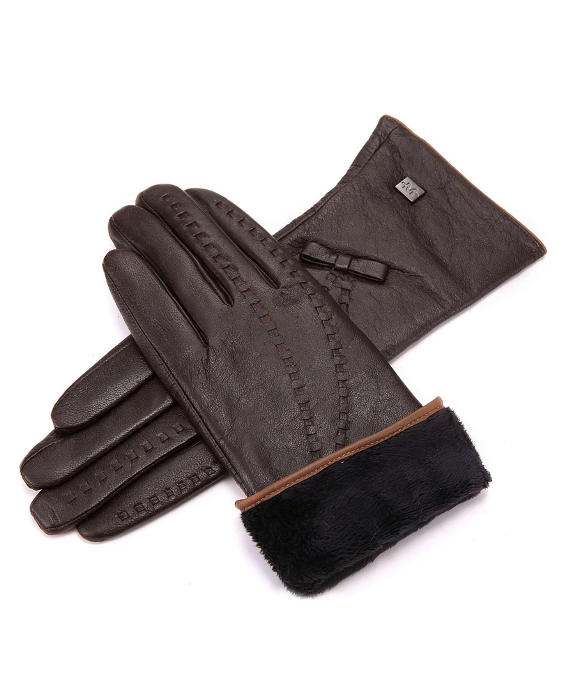 Women's Bow and Stitch Touchscreen Sheepskin Gloves