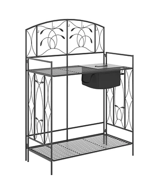 Outsunny Folding Potting Bench Table, Metal Garden Workstation, Work Bench with Large Built-in Bag with Cover, 5 Hanging Hooks & Storage Shelf, Leaf P