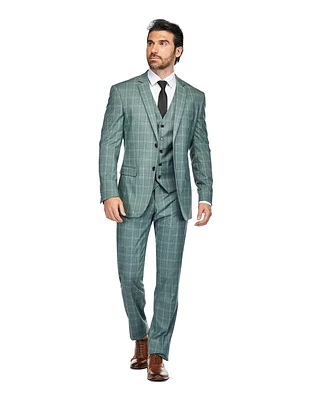 Gino Vitale Men's 3 Piece Slim Fit Green Plaid Suit