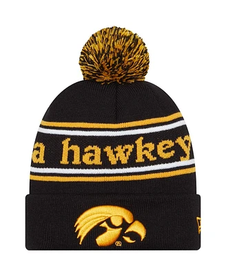Men's New Era Black Iowa Hawkeyes Marquee Cuffed Knit Hat with Pom