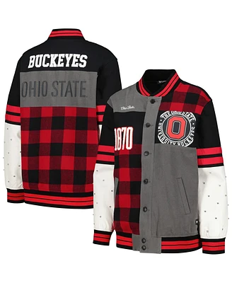 Women's The Wild Collective Black Distressed Ohio State Buckeyes Multi Vintage-Like Button-Up Bomber Jacket