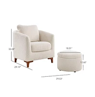 Sherpa Accent Chair with Storage Ottoman Set, Upholstered Barrel Club Arm Chair with Footrest, Modern Living Room Chair with Back Pillow and Wooden Le