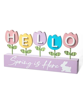 Glitzhome 12" L Easter Wooden and Metal Tulips Table Decor