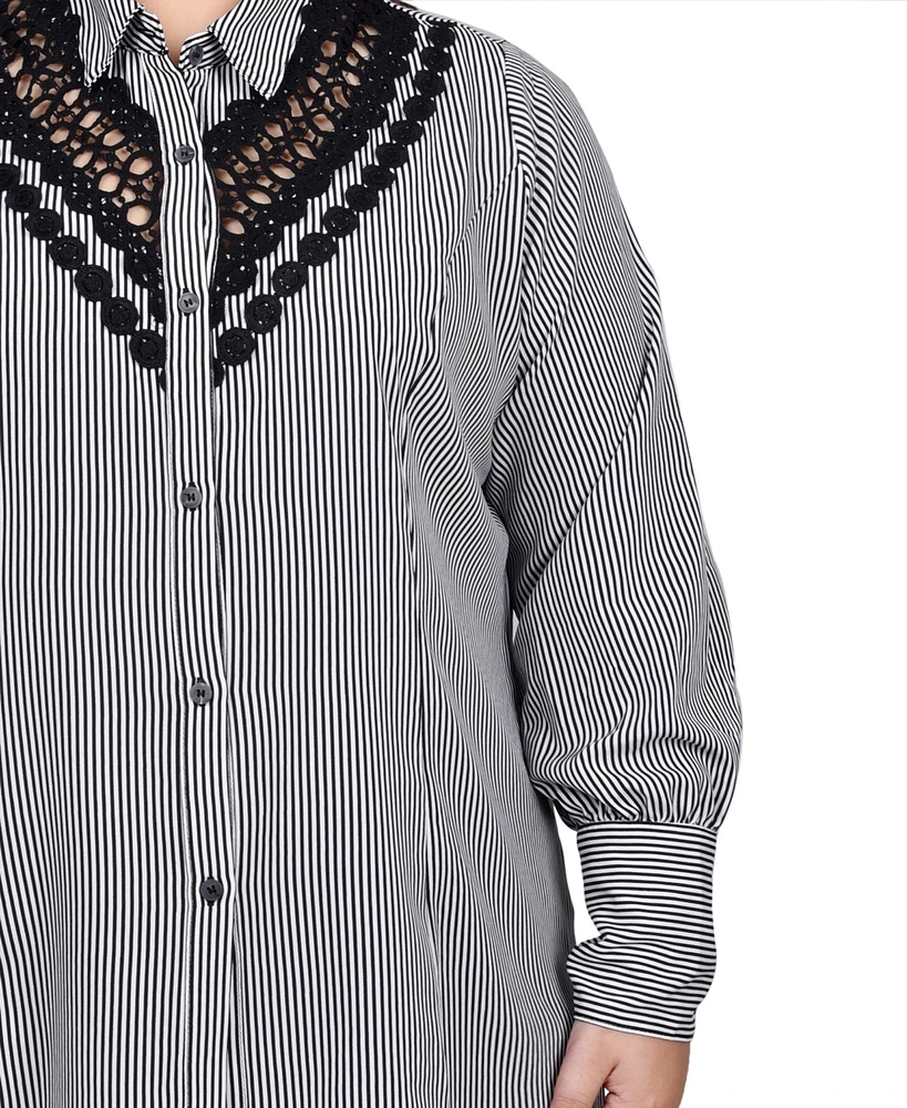 Ny Collection Plus Long Sleeve Crochet Trimmed Blouse