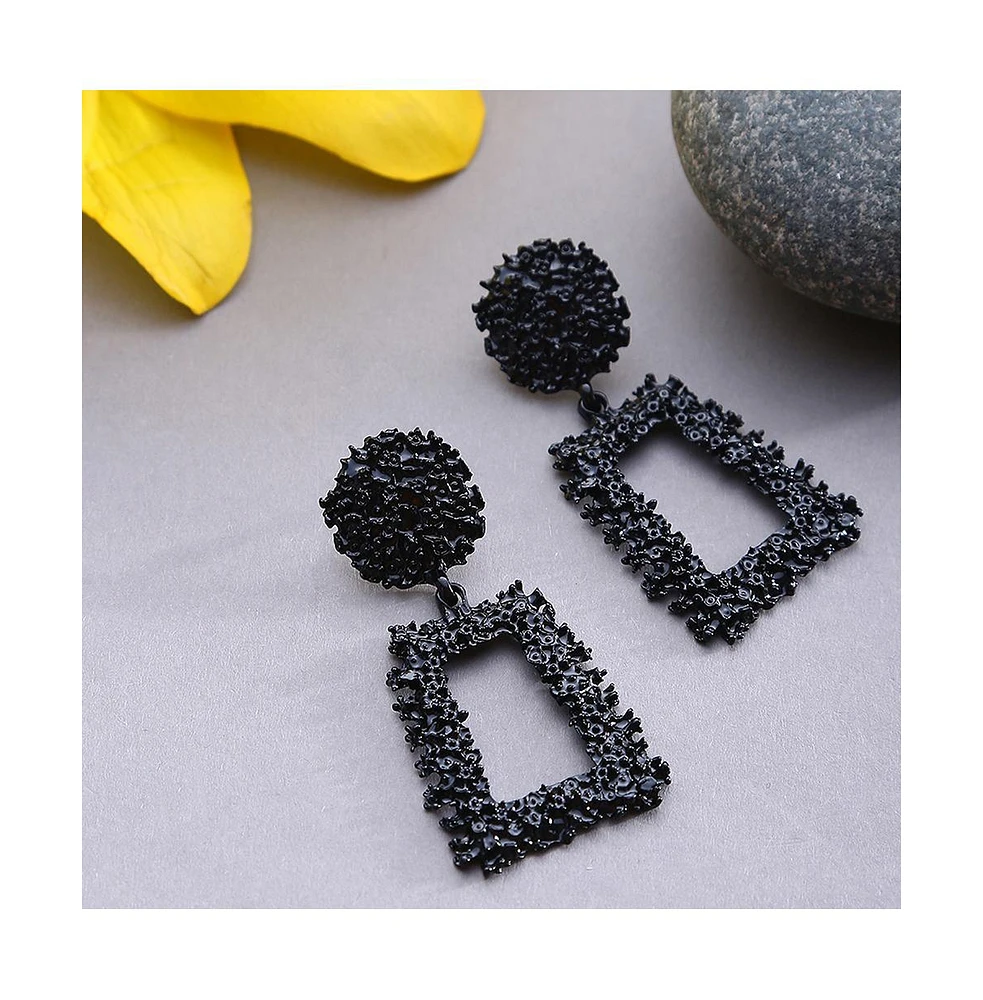 Sohi Women's Black Textured Geometric Drop Earrings