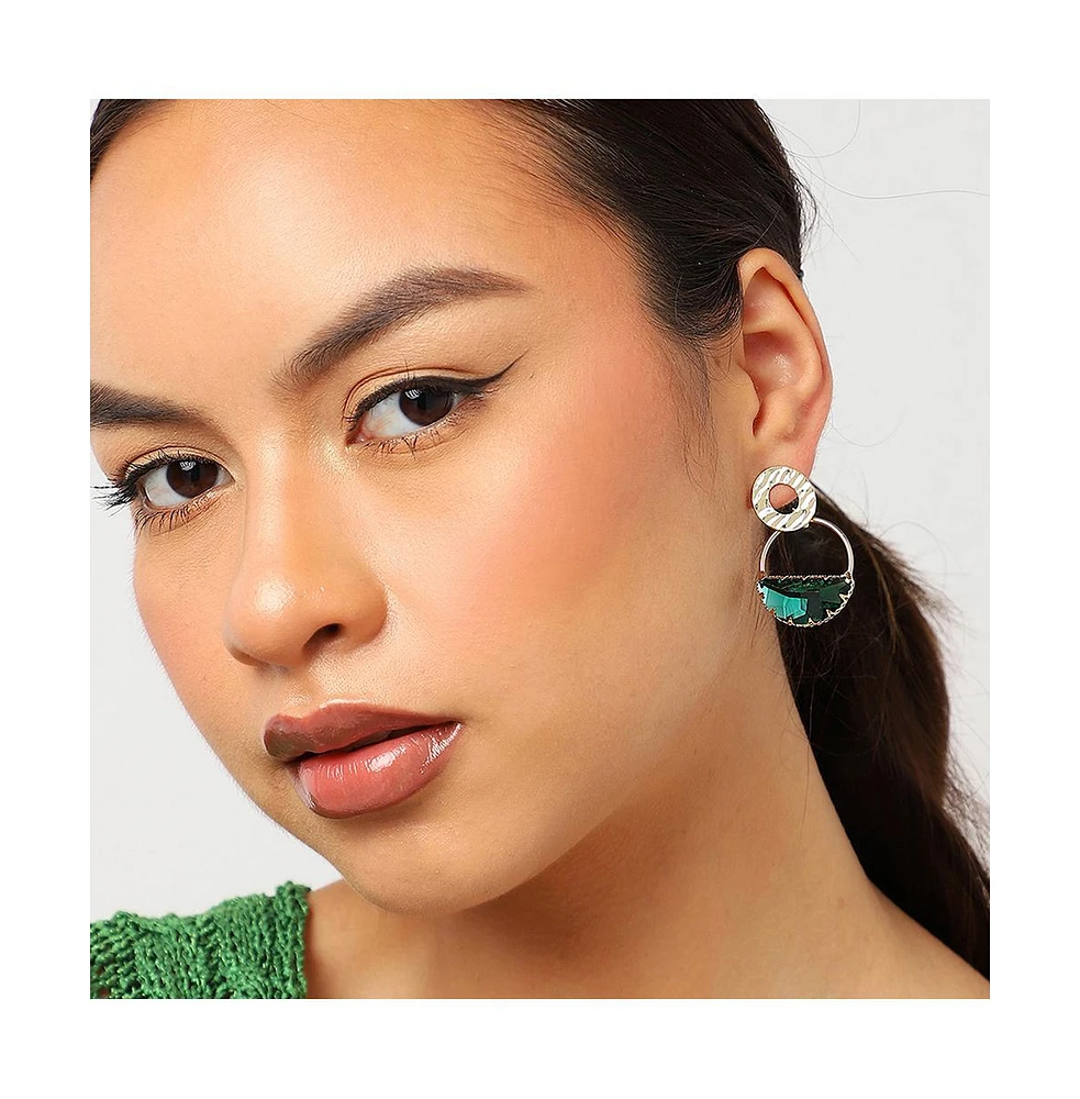 Sohi Women's Green Dented Stone Circular Drop Earrings