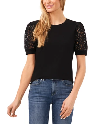 CeCe Women's Crochet Puff Sleeve Mix Media Knit Top