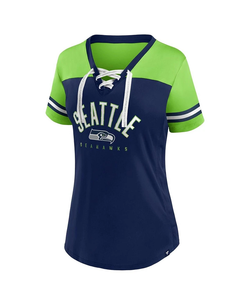 Women's Fanatics College Navy, Neon Green Seattle Seahawks Blitz and Glam Lace-Up V-Neck Jersey T-shirt