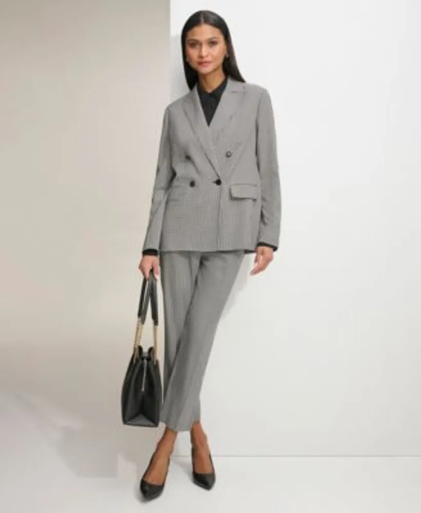 Karl Lagerfeld Womens Gingham Double Breasted Blazer Ruffled Blouse Gingham Straight Leg Pants