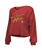 Women's Majestic Threads Brock Purdy Scarlet Distressed San Francisco 49ers Name and Number Script Off-Shoulder Cropped Long Sleeve T-shirt