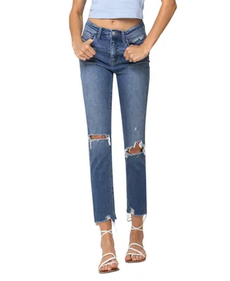 Flying Monkey Women's High Rise Distressed Hem Slim Straight Jeans