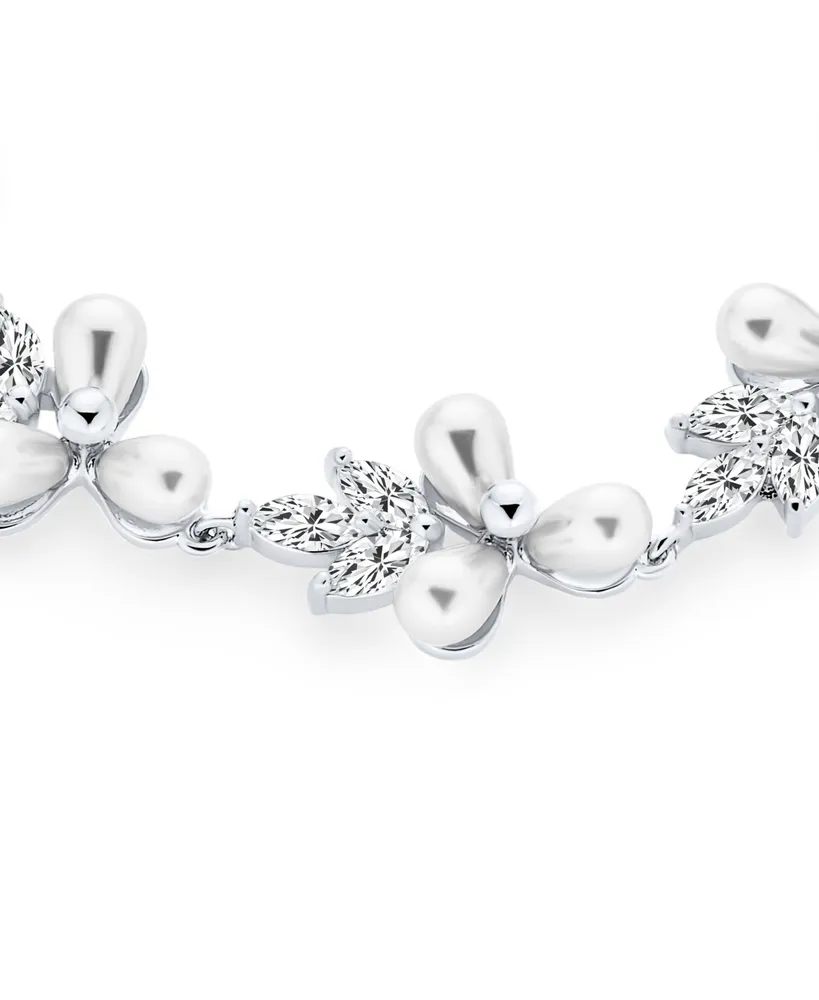 Bling Jewelry Multi Flowers Cz Leaf White Freshwater Cultured Pearl Bracelet 7 Inch